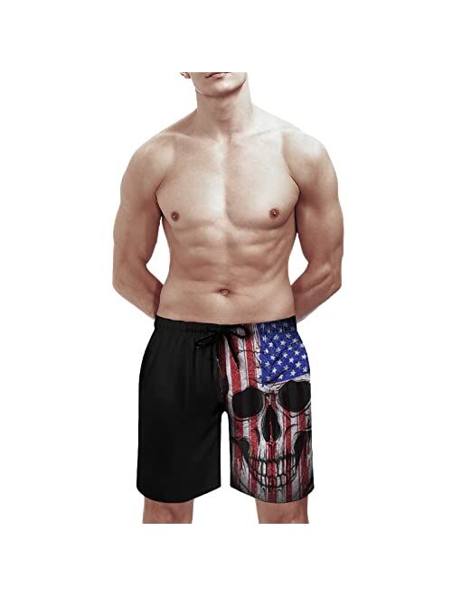 WZOMT Men's American Flag Skull Swim Trunks Quick Dry Bathing Suits Casual Beach Board Shorts with Cool Mesh Lining