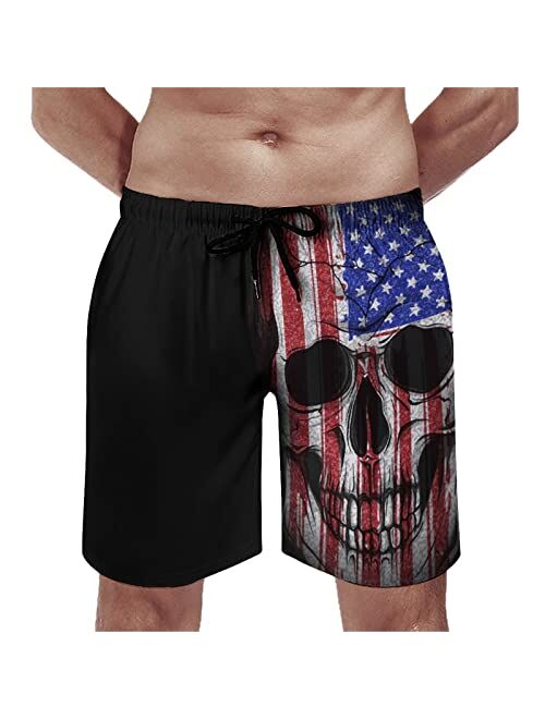 WZOMT Men's American Flag Skull Swim Trunks Quick Dry Bathing Suits Casual Beach Board Shorts with Cool Mesh Lining