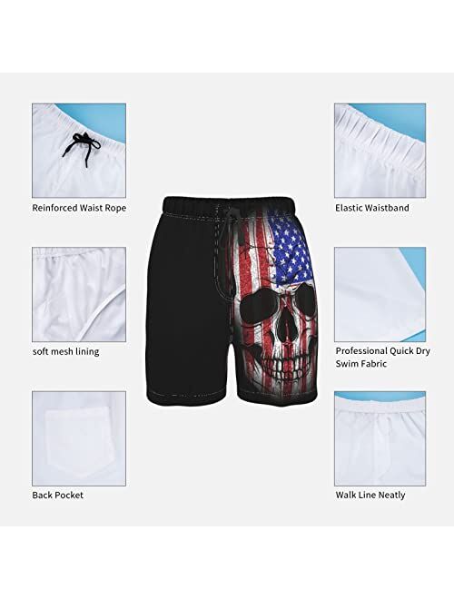 WZOMT Men's American Flag Skull Swim Trunks Quick Dry Bathing Suits Casual Beach Board Shorts with Cool Mesh Lining