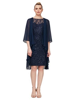 S.L. Fashions Women's Plus Size Chiffon Tier Jacket Dress with Bead Neck