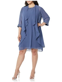 S.L. Fashions Women's Plus Size Chiffon Tier Jacket Dress with Bead Neck