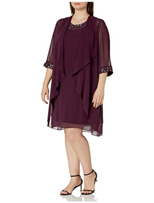 S.L. Fashions Women's Plus Size Chiffon Tier Jacket Dress with Bead Neck