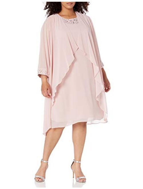 S.L. Fashions Women's Plus Size Chiffon Tier Jacket Dress with Bead Neck