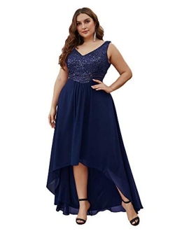 Alisapan Women's Plus Size Womens Plus Size A-Line Stunning Sequins High Low Prom Dress 0410