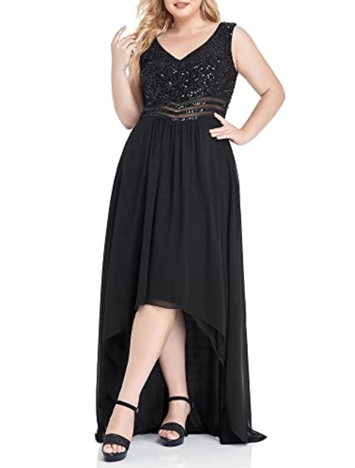 Alisapan Women's Plus Size Womens Plus Size A-Line Stunning Sequins High Low Prom Dress 0410