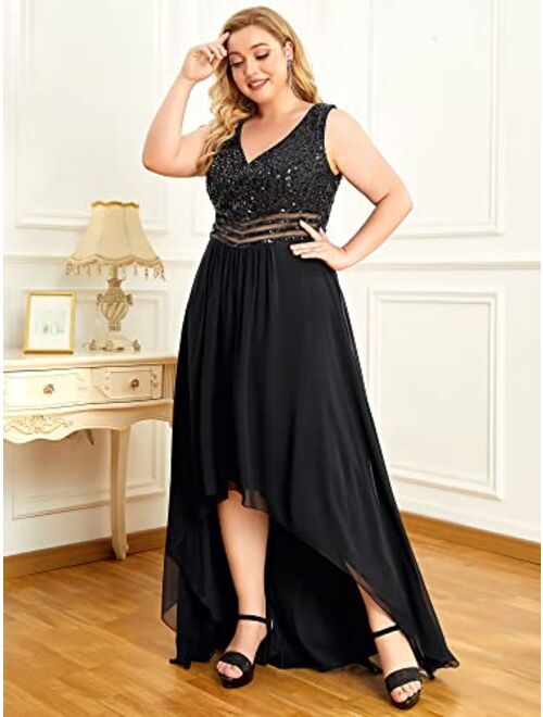 Alisapan Women's Plus Size Womens Plus Size A-Line Stunning Sequins High Low Prom Dress 0410