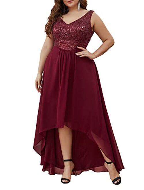 Alisapan Women's Plus Size Womens Plus Size A-Line Stunning Sequins High Low Prom Dress 0410