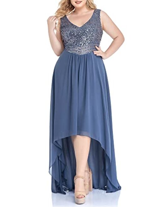 Alisapan Women's Plus Size Womens Plus Size A-Line Stunning Sequins High Low Prom Dress 0410