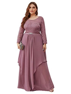 Alisapan Women's Plus Size Chiffon Pleated Long Sleeves Lace Bridesmaid Dress 00759