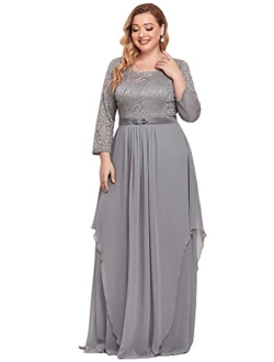 Alisapan Women's Plus Size Chiffon Pleated Long Sleeves Lace Bridesmaid Dress 00759