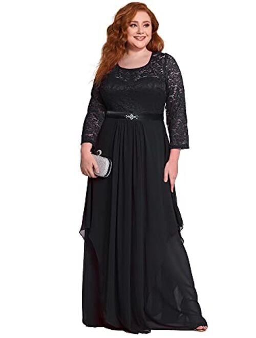 Alisapan Women's Plus Size Chiffon Pleated Long Sleeves Lace Bridesmaid Dress 00759