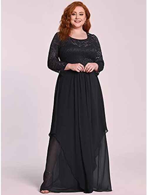 Alisapan Women's Plus Size Chiffon Pleated Long Sleeves Lace Bridesmaid Dress 00759