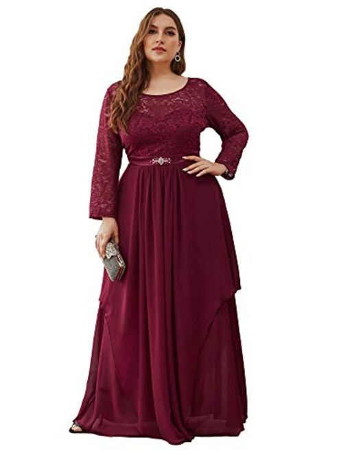 Alisapan Women's Plus Size Chiffon Pleated Long Sleeves Lace Bridesmaid Dress 00759