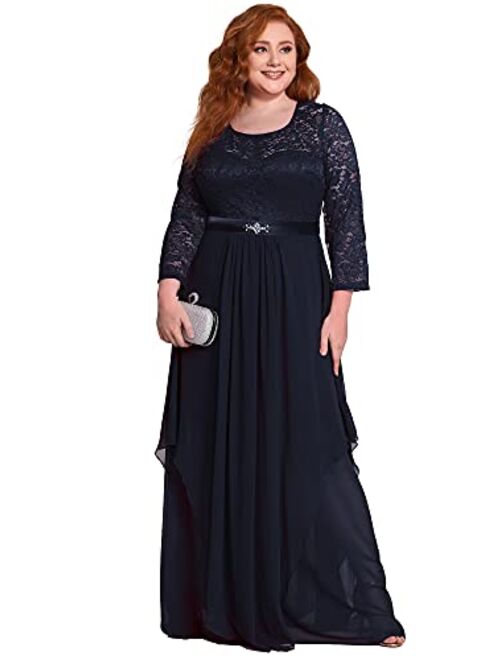 Alisapan Women's Plus Size Chiffon Pleated Long Sleeves Lace Bridesmaid Dress 00759