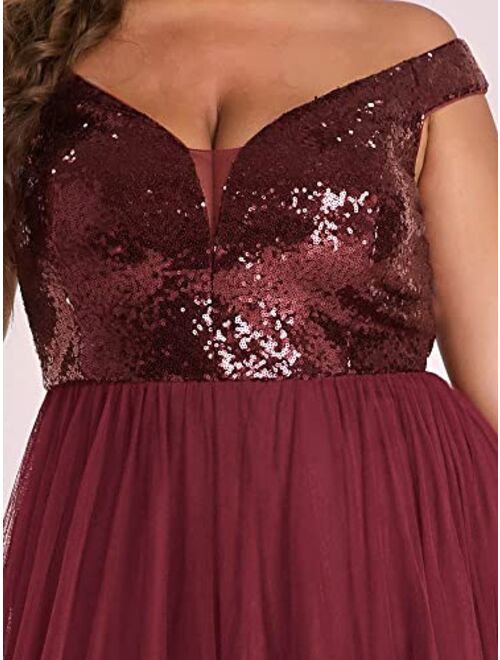 Alisapan Womens Off The Shoulder V Neck Sequin Tulle A Line Wedding Guest Dress 0277