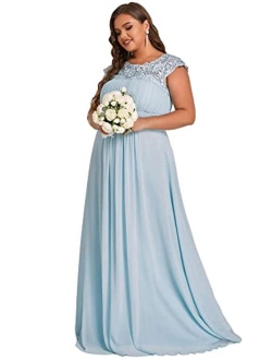 Alisapan Women's Plus Size Elegant Lace Chiffon Cap Sleeve Long Bridesmaid Dress 09996