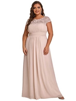 Alisapan Women's Plus Size Elegant Lace Chiffon Cap Sleeve Long Bridesmaid Dress 09996