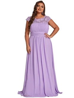 Alisapan Women's Plus Size Elegant Lace Chiffon Cap Sleeve Long Bridesmaid Dress 09996