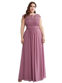 Alisapan Women's Plus Size Elegant Lace Chiffon Cap Sleeve Long Bridesmaid Dress 09996