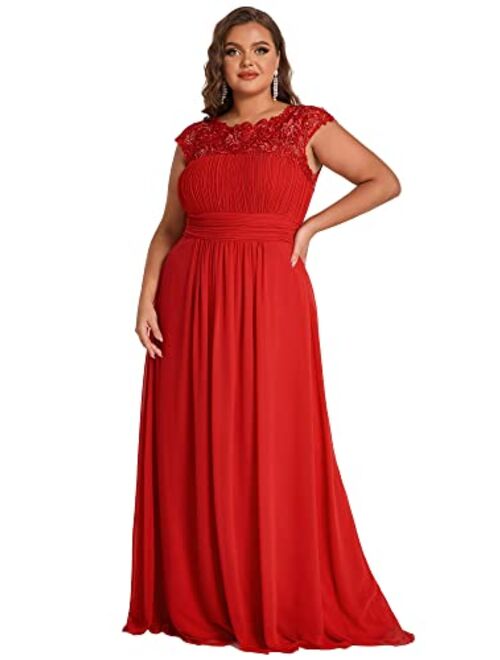 Alisapan Women's Plus Size Elegant Lace Chiffon Cap Sleeve Long Bridesmaid Dress 09996