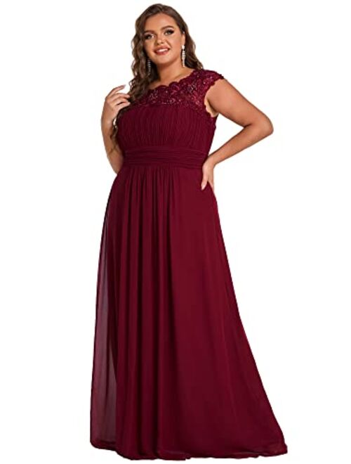 Alisapan Women's Plus Size Elegant Lace Chiffon Cap Sleeve Long Bridesmaid Dress 09996