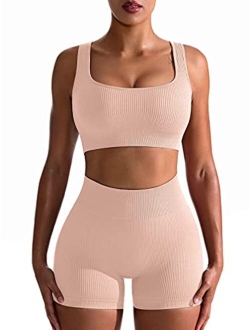 Workout Outfits for Women 2 Piece Seamless Ribbed High Waist Leggings with Sports Bra Exercise Set