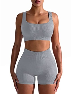 Workout Outfits for Women 2 Piece Seamless Ribbed High Waist Leggings with Sports Bra Exercise Set