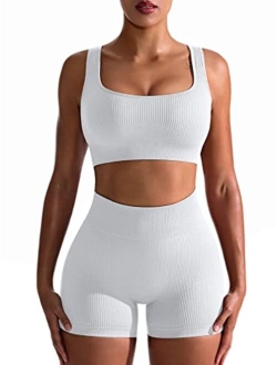 Workout Outfits for Women 2 Piece Seamless Ribbed High Waist Leggings with Sports Bra Exercise Set