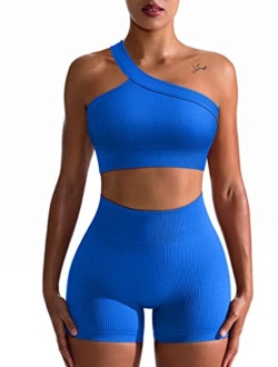 Workout Outfits for Women 2 Piece Seamless Ribbed High Waist Leggings with Sports Bra Exercise Set