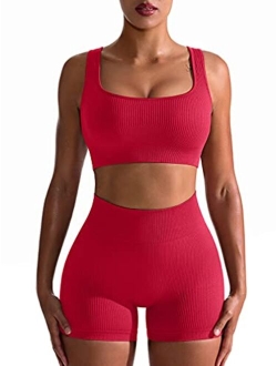 Workout Outfits for Women 2 Piece Seamless Ribbed High Waist Leggings with Sports Bra Exercise Set