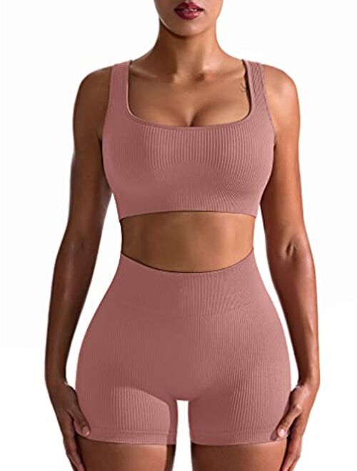 OQQ Workout Outfits for Women 2 Piece Seamless Ribbed High Waist Leggings with Sports Bra Exercise Set