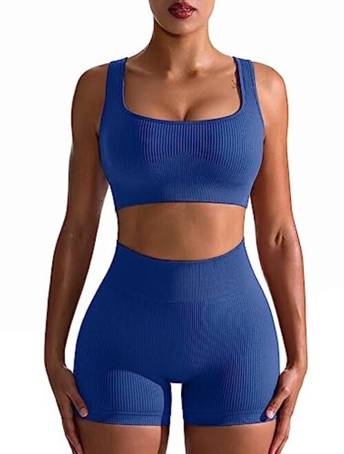 OQQ Workout Outfits for Women 2 Piece Seamless Ribbed High Waist Leggings with Sports Bra Exercise Set