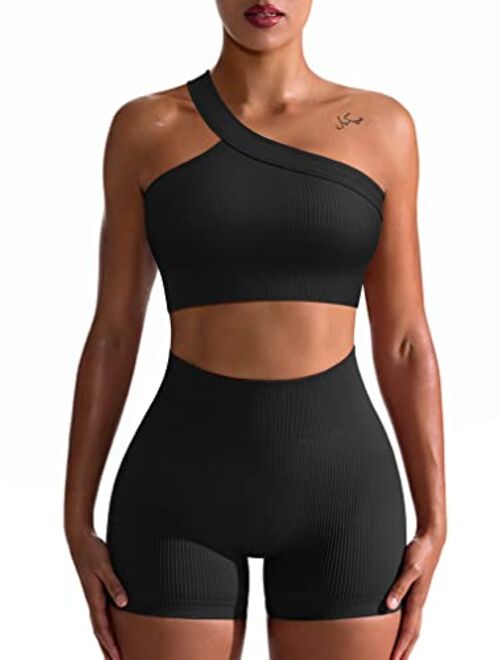 OQQ Workout Outfits for Women 2 Piece Seamless Ribbed High Waist Leggings with Sports Bra Exercise Set