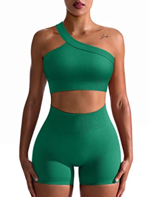 OQQ Workout Outfits for Women 2 Piece Seamless Ribbed High Waist Leggings with Sports Bra Exercise Set