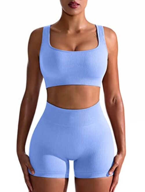 OQQ Workout Outfits for Women 2 Piece Seamless Ribbed High Waist Leggings with Sports Bra Exercise Set