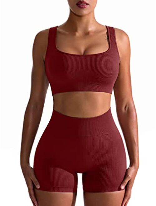 OQQ Workout Outfits for Women 2 Piece Seamless Ribbed High Waist Leggings with Sports Bra Exercise Set