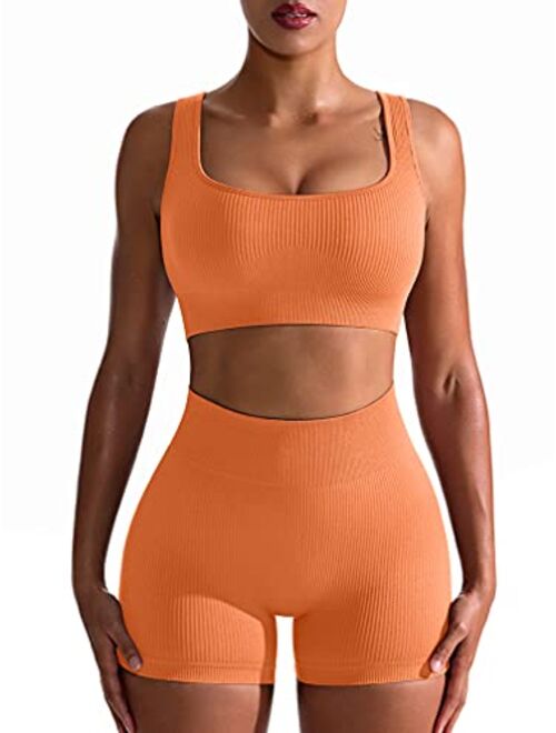 OQQ Workout Outfits for Women 2 Piece Seamless Ribbed High Waist Leggings with Sports Bra Exercise Set