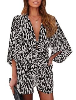 Womens Leopard Print Shorts Jumpsuit Wrap V Neck 3/4 Sleeve Casual Loose Oversized Romper With Pockets