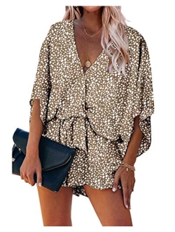 Womens Leopard Print Shorts Jumpsuit Wrap V Neck 3/4 Sleeve Casual Loose Oversized Romper With Pockets