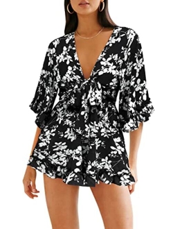 Womens Leopard Print Shorts Jumpsuit Wrap V Neck 3/4 Sleeve Casual Loose Oversized Romper With Pockets