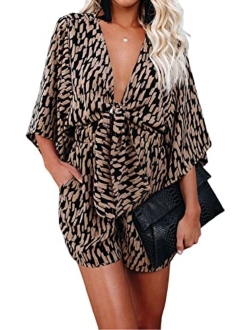 Womens Leopard Print Shorts Jumpsuit Wrap V Neck 3/4 Sleeve Casual Loose Oversized Romper With Pockets