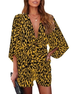 Womens Leopard Print Shorts Jumpsuit Wrap V Neck 3/4 Sleeve Casual Loose Oversized Romper With Pockets