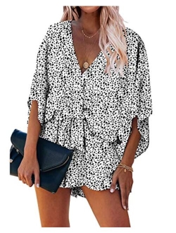 Womens Leopard Print Shorts Jumpsuit Wrap V Neck 3/4 Sleeve Casual Loose Oversized Romper With Pockets