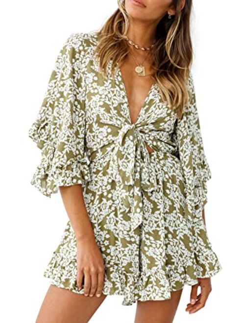 PRETTYGARDEN Women’s Leopard Print Shorts Jumpsuit Wrap V Neck 3/4 Sleeve Casual Loose Oversized Romper With Pockets