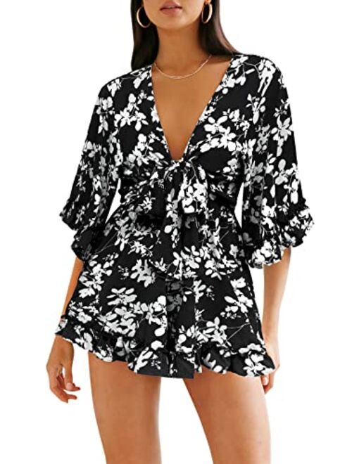 PRETTYGARDEN Women’s Leopard Print Shorts Jumpsuit Wrap V Neck 3/4 Sleeve Casual Loose Oversized Romper With Pockets