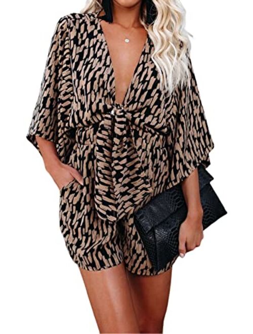 PRETTYGARDEN Women’s Leopard Print Shorts Jumpsuit Wrap V Neck 3/4 Sleeve Casual Loose Oversized Romper With Pockets