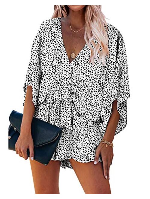 PRETTYGARDEN Women’s Leopard Print Shorts Jumpsuit Wrap V Neck 3/4 Sleeve Casual Loose Oversized Romper With Pockets