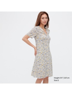 Printed V-Neck Short Sleeve Flare Midi Dress