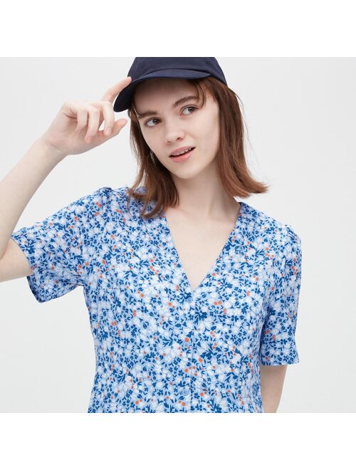 Uniqlo Printed V-Neck Short Sleeve Flare Midi Dress