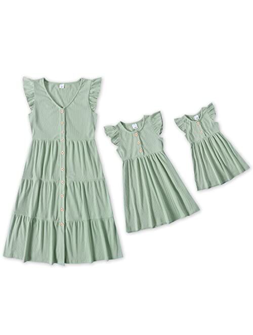 IFFEI Matching Family Dresses Cotton Ruffle Decor Mommy and Me Matching Dress